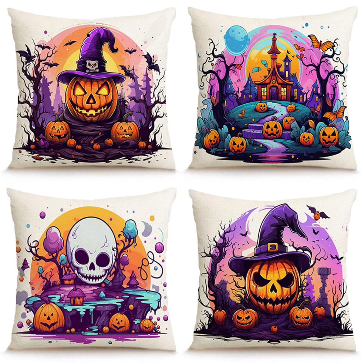VYAOCJL Halloween cushion cover, 45 x 45 cm,Skull pumpkin trick-or-treater decoration,Pillow case, polyester linen,Sofa pillow case,Outdoor Halloween decoration,Set of 4