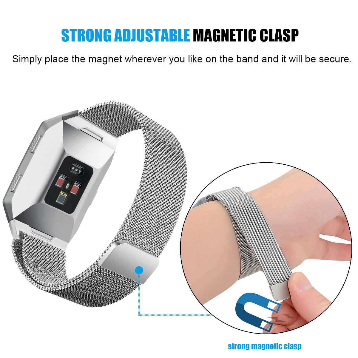 Fitbit Ionic Bands, BOCOL Stainless Steel Milanese Loop Metal Replacement Band with Unique Magnet Lock Accessories for Fitbit Ionic Small Large (Silver/Large)