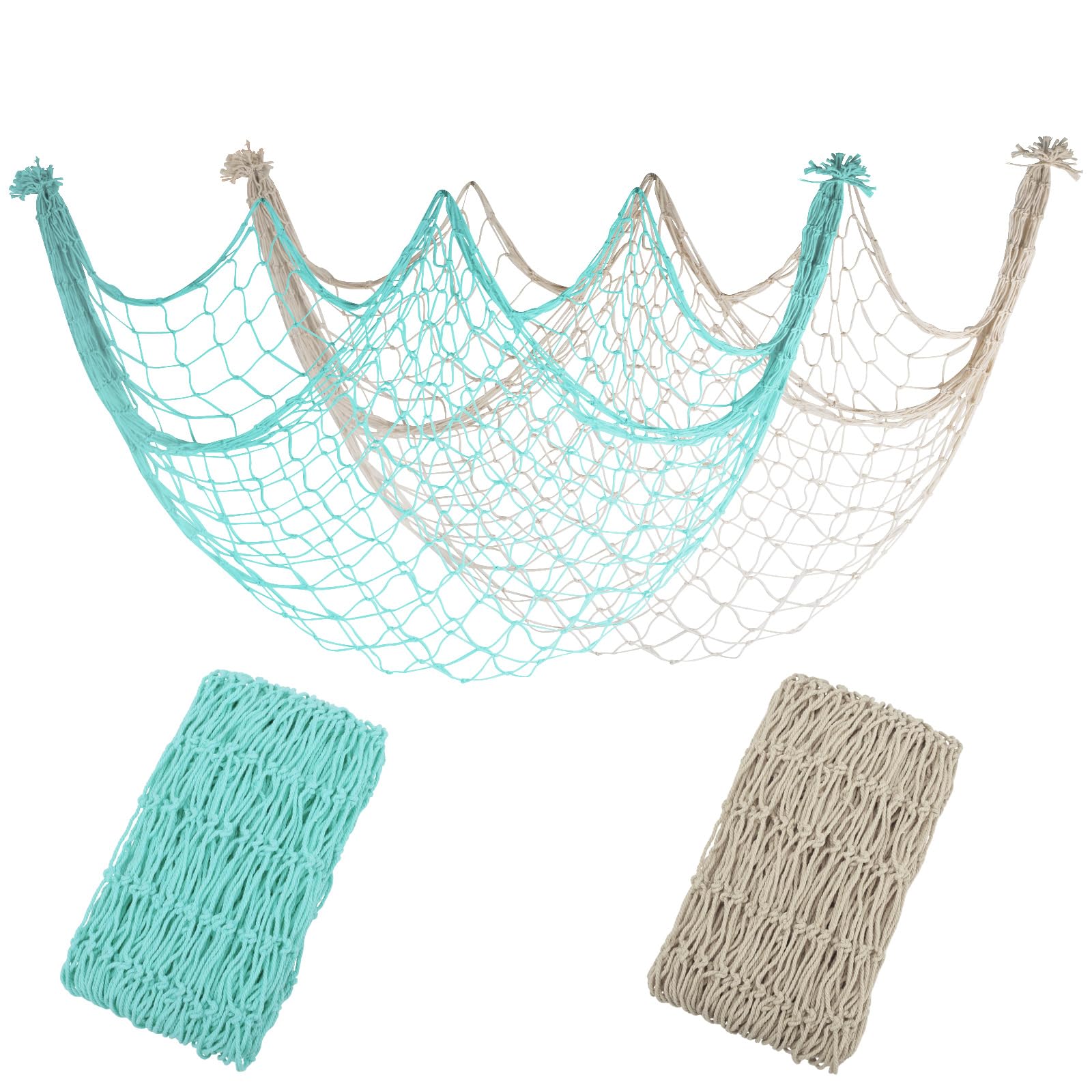 Photo 1 of 2 Pack Decoractive Fishing Net 80x40 Inch, 3mm Thickness Light Blue+Beige Natural Cotton Large Picture Wall Hanging Fish Net, Party Decorations Fishnet for Nautical Pirate Beach Mermaid Themed Party