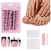 YeeLam Press on Nails &amp; Toenails, 60Pcs 2-in-1, Glossy Black French Tip | 15 Sizes, Pink Base, Beginner Friendly, Last-Minute Beauty, Travel Ready, Family &amp; Friends Sharing, Sharp Square, Soft Gel