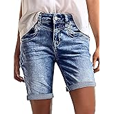 Flamingals Bermuda Shorts for Women Knee Length Mid Rise Stretchy Denim Shorts Roll Hem Casual Boyfriend 90s Summer Jorts
