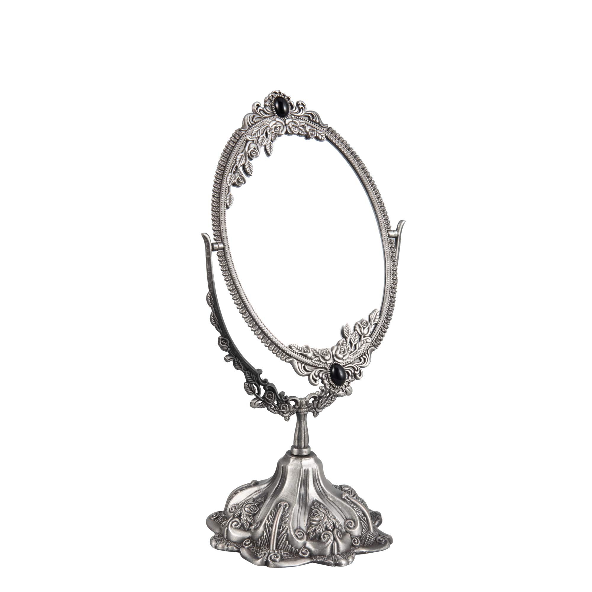 Feyarl Vintage Makeup Mirror Oval Floral Tabletop Double Side Rotating Vanity Mirror with Stand for Dressing Table Bedroom (Small)