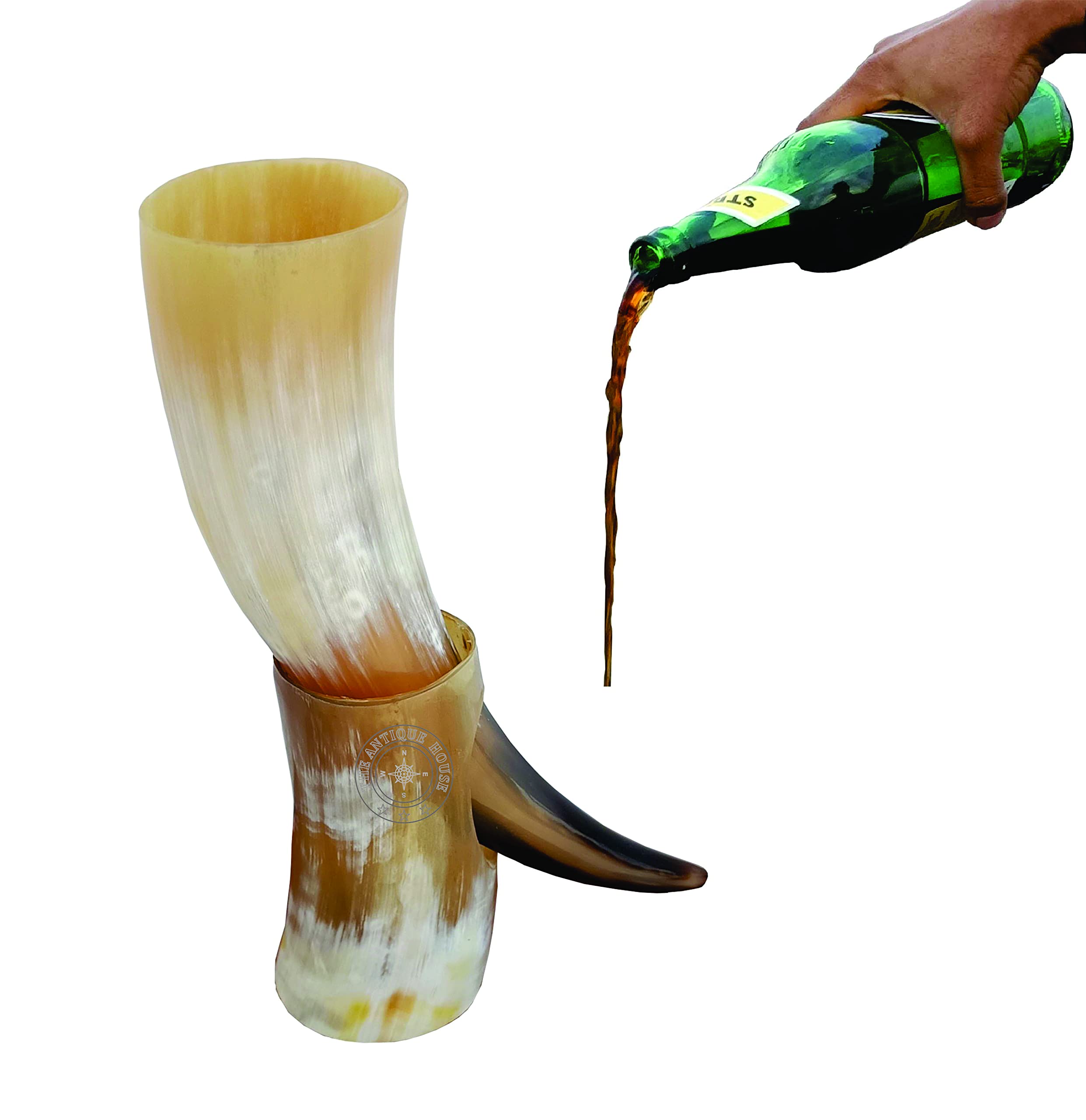 THE ANTIQUE HOUSE Real Drinking Horn Mug with Stand Handmade Viking Style Beer Wine Horn Birthday Gift Christmas Party