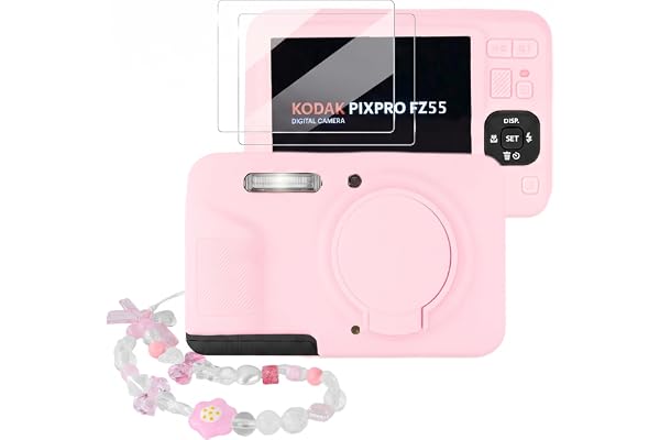 Seltureone Camera Case for Kodak PIXPRO FZ55 with 2 Screen Protectors & Cute Camera Charm Wrist Strap, Soft Silicone Protective Case with Lens Cover for Kodak PIXPRO FZ55 Accessories - Two-Tone Pink