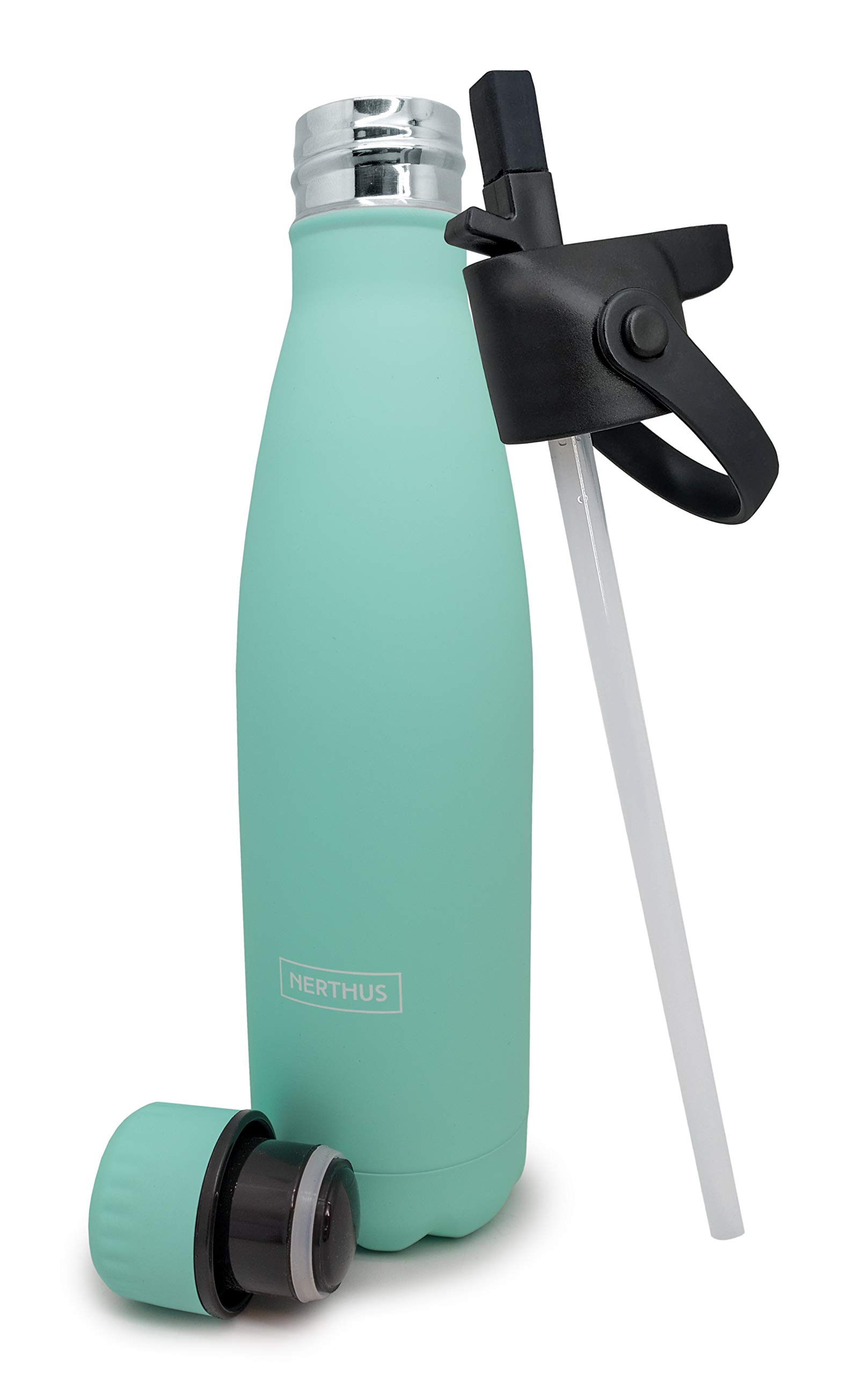 Nerthus Double wall flask for hot and cold liquids. BPA 500 ml stainless steel with turquoise design and straw stopper, Original