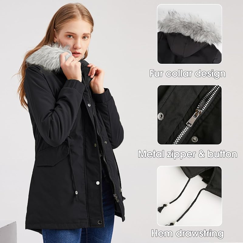 Manteau Femme Hiver Veste Polaire Chaud Parka Manches Longues Blouson Zippée À Capuche Hooded Coat Sweat-Shirts Outercoat avec Poches, Nior, M