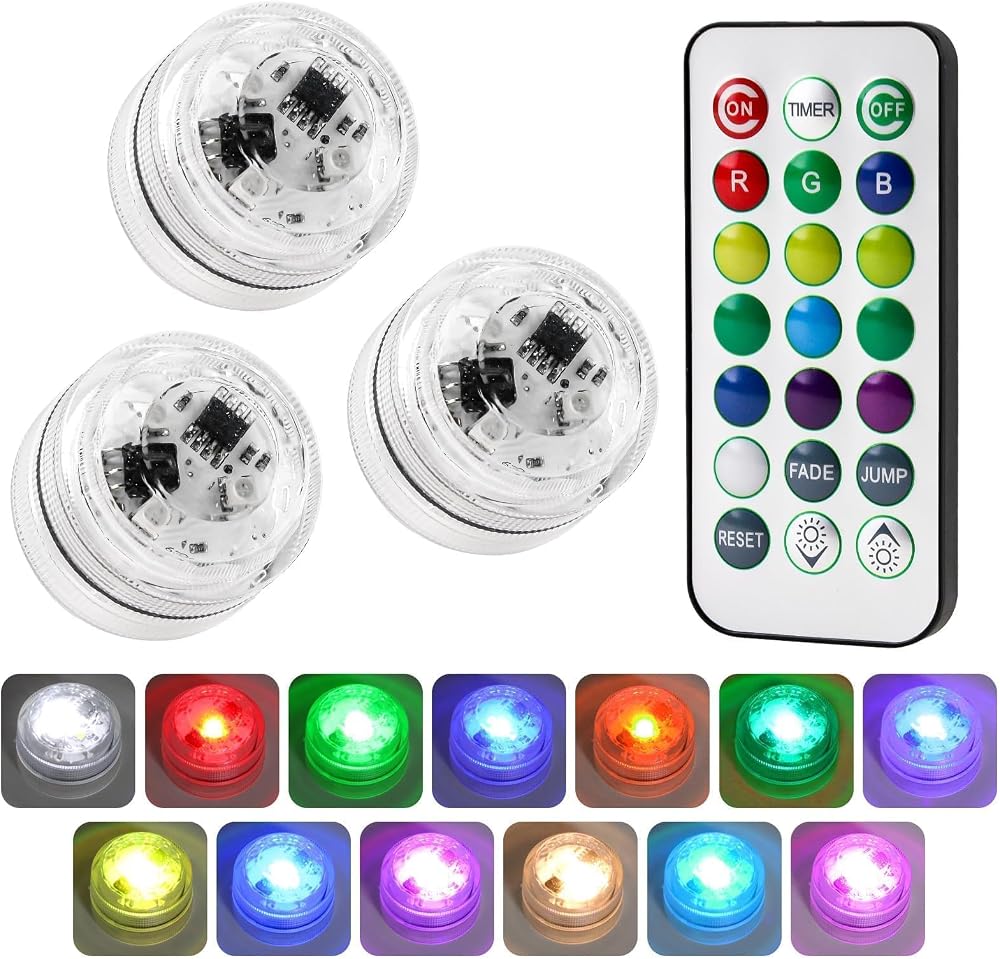 BakeWhiz 3 Pcs Mini Submersible LED Tea Lights RGB Remote Control Waterproof