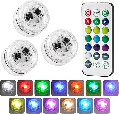 BakeWhiz 3 Pcs Mini Submersible LED Tea Lights RGB Remote Control Waterproof