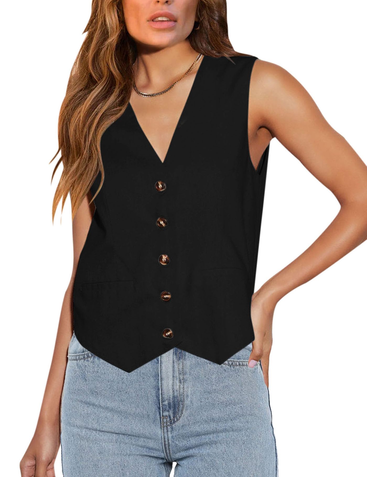 Photo 1 of Floral Find Womens Casual Button Down Sleeveless Vest Fully Lined V Neck Business Jacket Waistcoat with Pocket (Black, Medium)