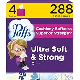 Puffs Facial Tissues Ultra Soft, 4 Mega Cube Boxes, 72 Facial Tissues per Box, Allergies and Colds (Packaging May Vary)