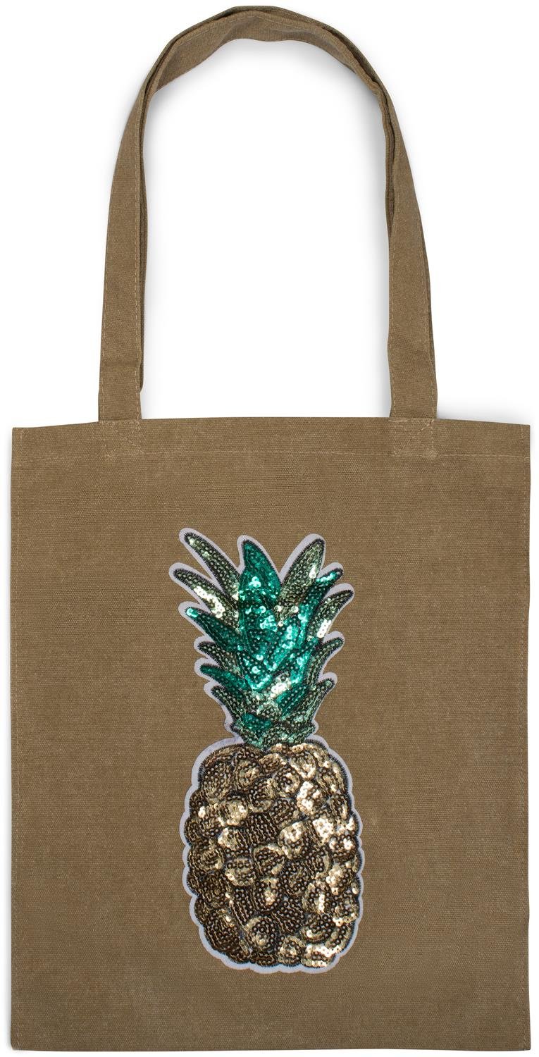 styleBREAKER shopping bag with sequin pineapple applique, tote bag, canvas, fabric bag. Bag, unisex 02012215, Colour:Khaki