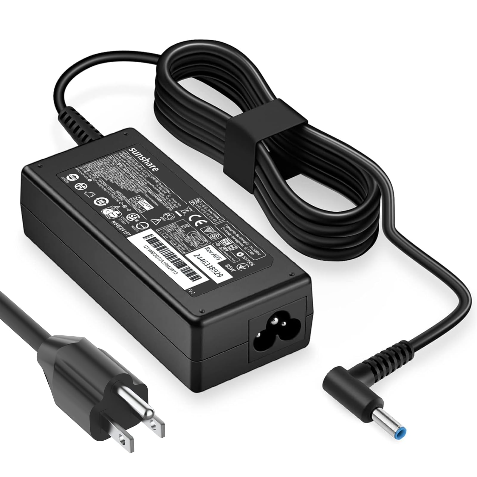 Photo 1 of Sunshare 65W AC Power Charger, Compatible with HP Probook and Pavilion Laptops, Fast Charging, 19.5V 3.33A, 4.5*3.0mm Blue Connector, Charging Adapter Cord