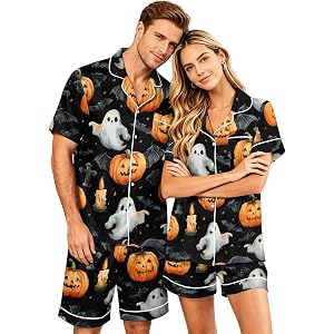 ASUIU Halloween Pajamas Couples Pumpkin Ghost Print Button Down soft Pjs Sleepwear 2 Piece Lounge Short Set