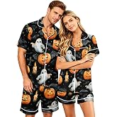 ASUIU Halloween Pajamas Couples Pumpkin Ghost Print Button Down soft Pjs Sleepwear 2 Piece Lounge Short Set