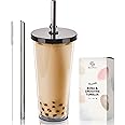 Reusable Boba Cup with Straw and Lid (24 Oz), Bubble Tea Cup Keeps Drinks Cold or Hot, Leakproof & Double Walled Smoothie Tumbler, Fits in Car Holders, For Boba Drinks, Iced Coffee, Smoothies (Black)