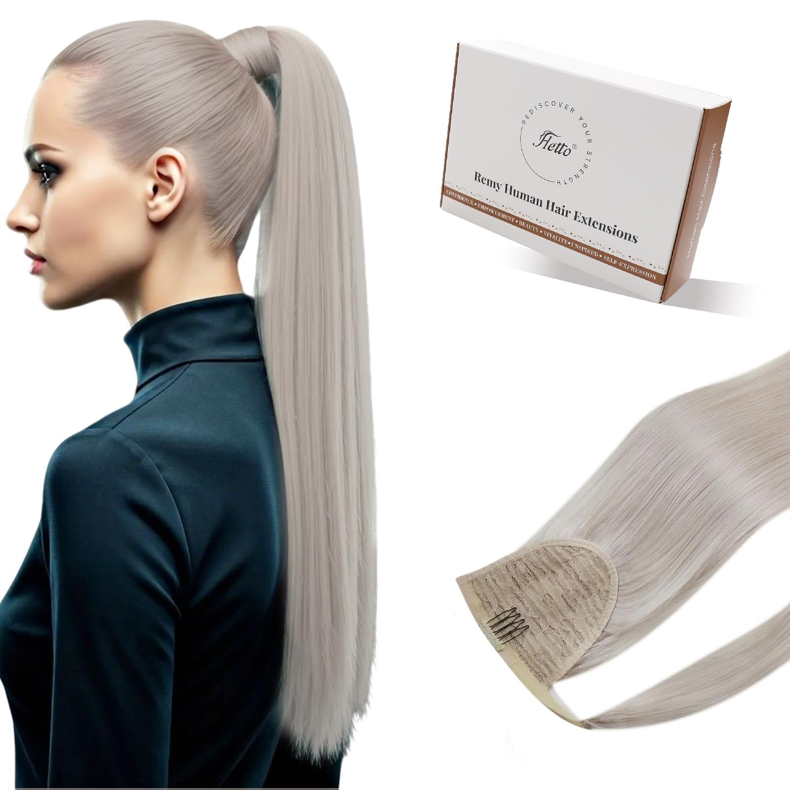 Hetto Blonde Ponytail Hair Extension Clip in Human Hair 18 Inch Thick Heat Resistant Wrap Around Real Hair Ponytail Secure for Wedding 80g #60 Platinum Blonde