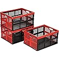 Eslite 34L Large Plastic Folding Storage Crates,Collapsible Crates for Storage,Pack of 3 (Black+Red)