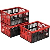 Eslite 34L Large Plastic Folding Storage Crates,Collapsible Crates for Storage,Pack of 3 (Black+Red)