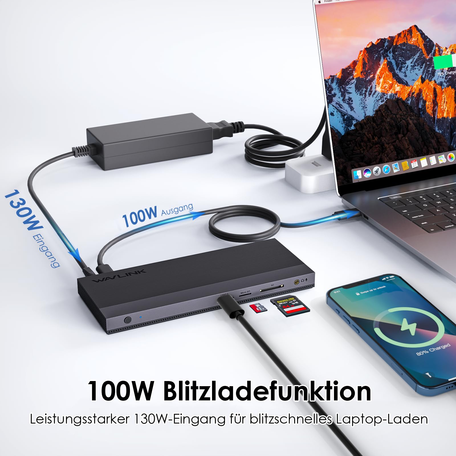 WAVLINK Dockingstation, Laptop-Dockingstation, 3 Monitore mit 2 DP+HDMI, 130 W PD-Ladegerät, 4 x USB 3.0, Audio, Gigabit-Ethernet, TF/SD, kompatibel mit Lenovo HP Dell, Windows-Systemcomputer 7
