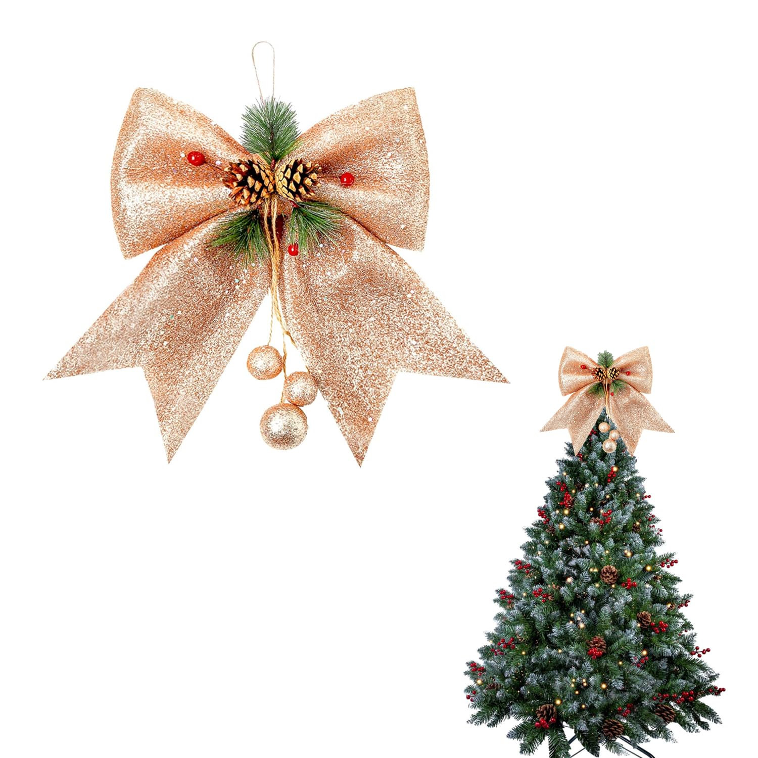 Aisszhao Rose Gold Glitter Foam Cotton Christmas Tree Topper, 9.8x11.8in, Reusable, Glamorous Festive, Christmas Occasion