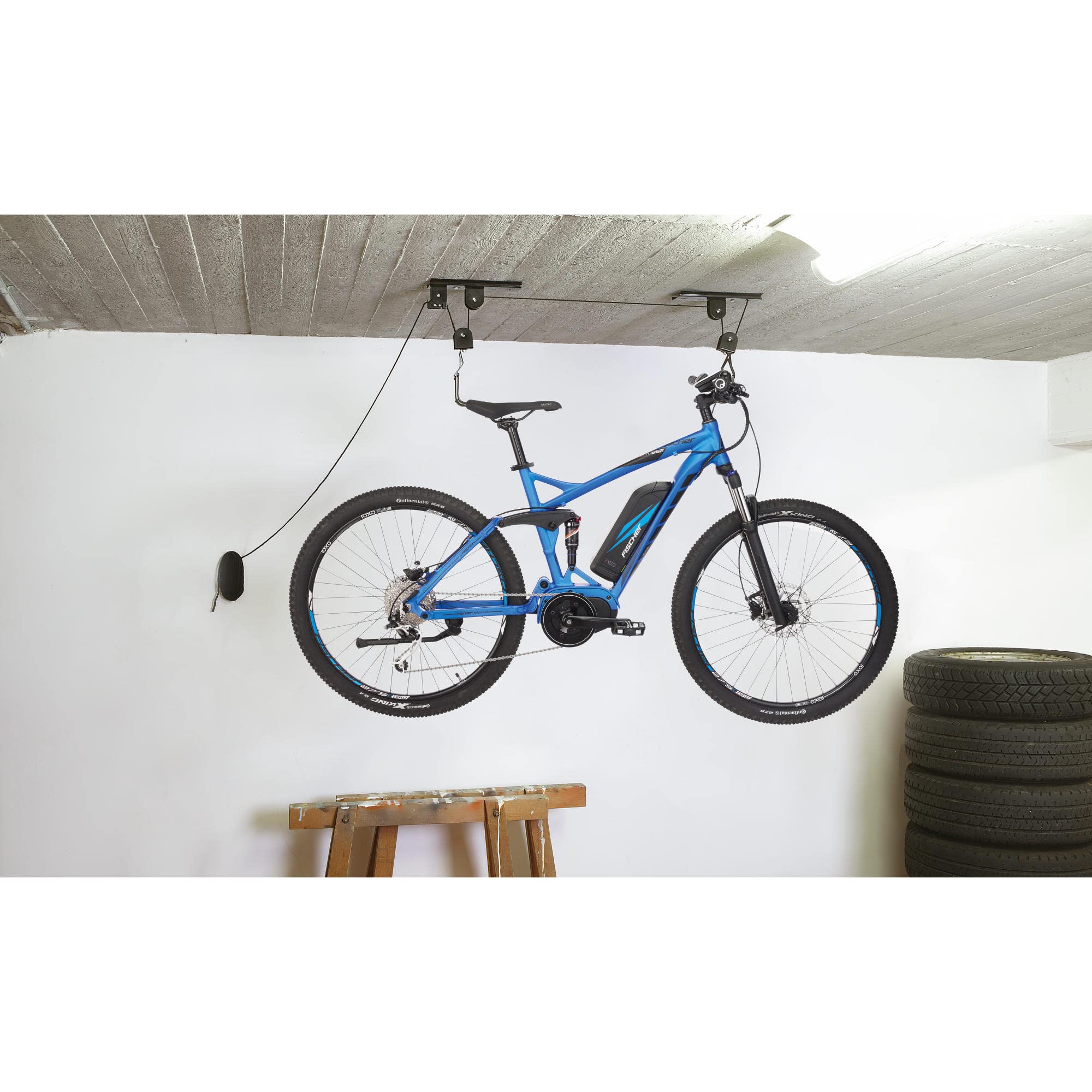 Fischer Bicycle Lift Plus | Load Capacity up to 30 kg | Bicycle Mount | Ceiling Mount for Bicycles and E-Bikes | Up to 4 m Ceiling Height | Mechanical | Ceiling Lift, Aluminium, Black — image 1