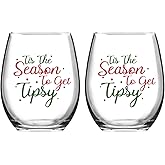 Tis the Season Stemless Wine Glass, Set of 2 Funny Christmas Holiday Wedding Gifts for Women, Men, Family & Wino, 15 Oz