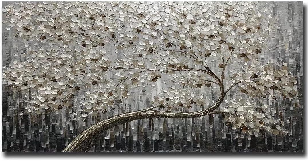 Paintings - Tiancheng Art, 24 X 48 Inch Modern Abstract Flower Art Wood Frame Canvas Acrylic Oil Painting Hand-Painted Black Gray Wall Art Living Room and Bedroom Decoration Ready to Hang