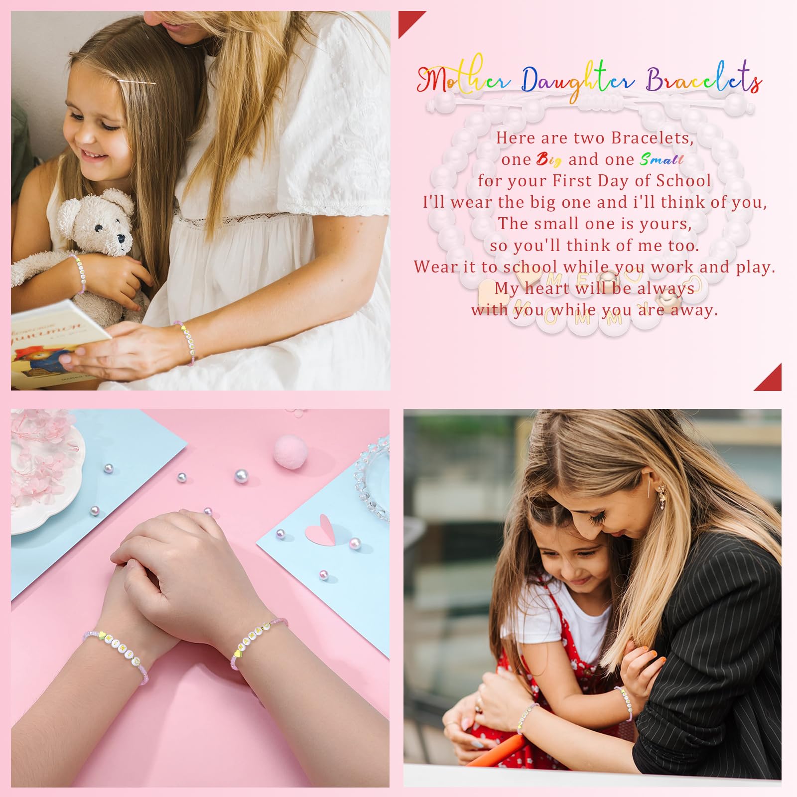 Egowry Mother Daughter Bead Bracelet Set for 2, Mommy and Me Matching Bead Bracelet, Mama and Mini Matching Heart Bracelets for Mom Daughter Valentines Mother's Day Gift