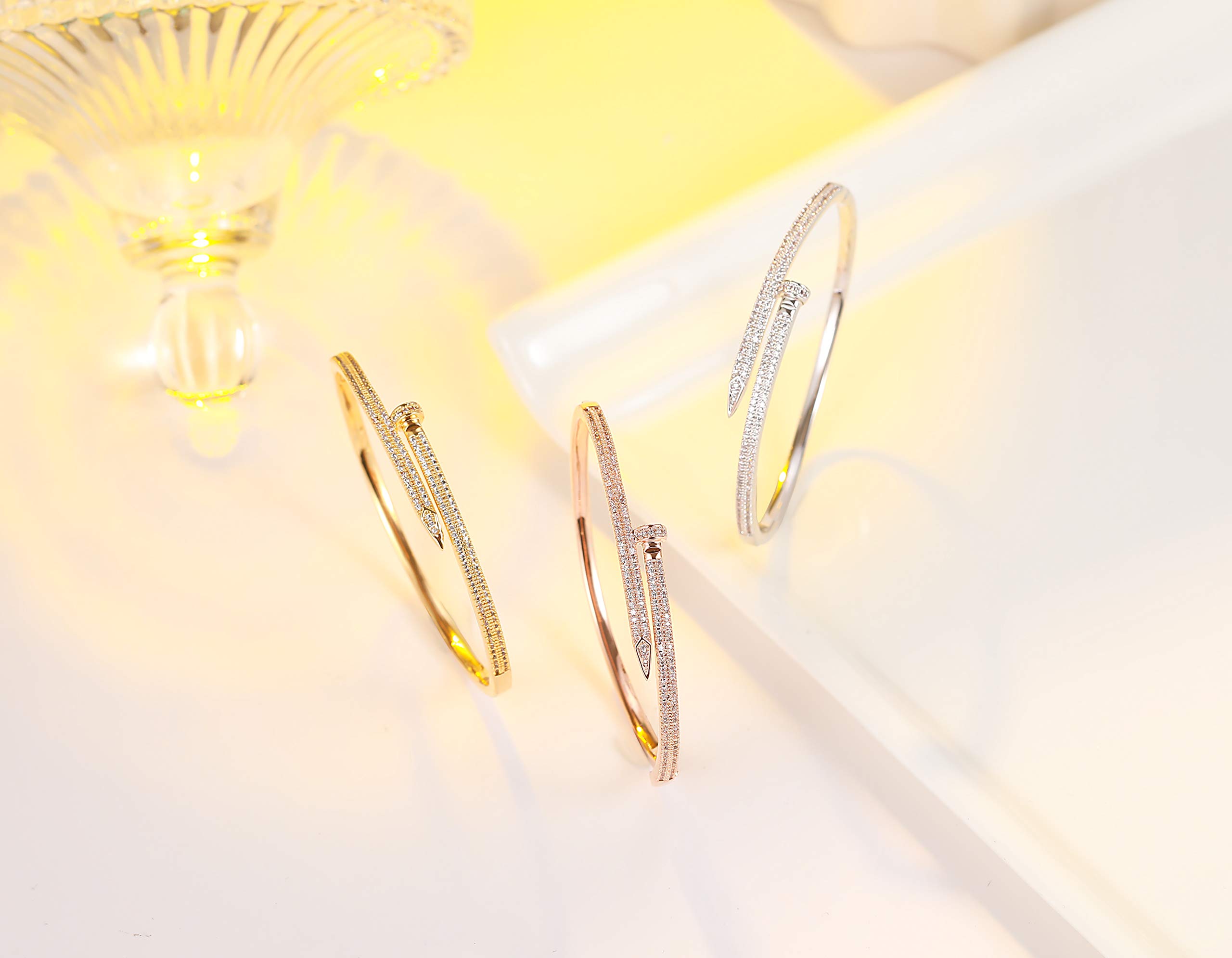 Majesty Nail Bracelet Valentines Bracelets for Women Teen Girls Synthetic Diamond Bracelets for Women Yellow Gold Plated Cubic Zirconia Screw Bracelet