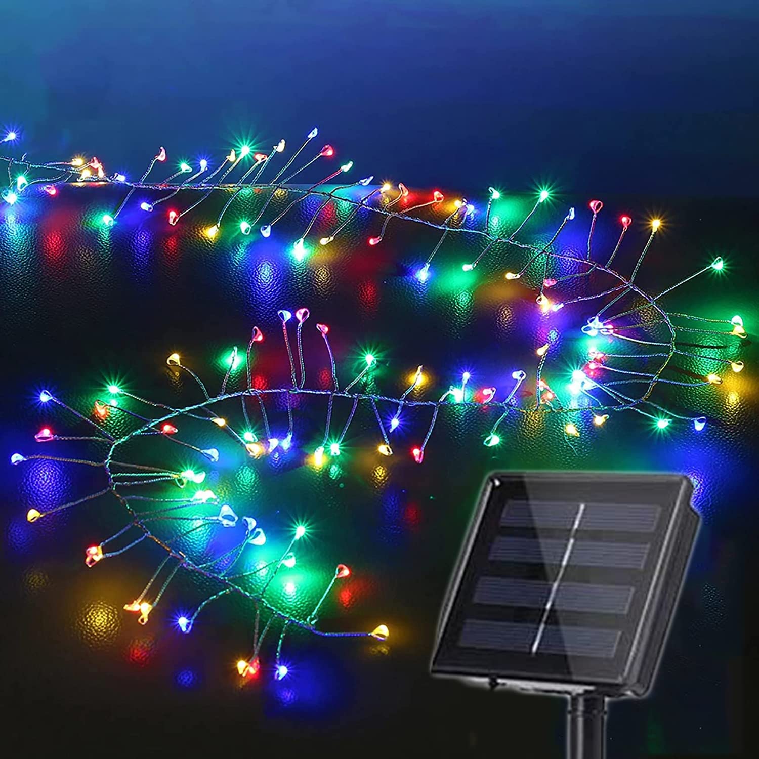 Solar Firecracker Lights,KINGCOO Waterproof 6M 200LED Copper Wire Cluster Fire Crackers Garland Fairy Lights 8Mode for Garden Bedroom Wedding Christmas Party Decorations(Multicolor)