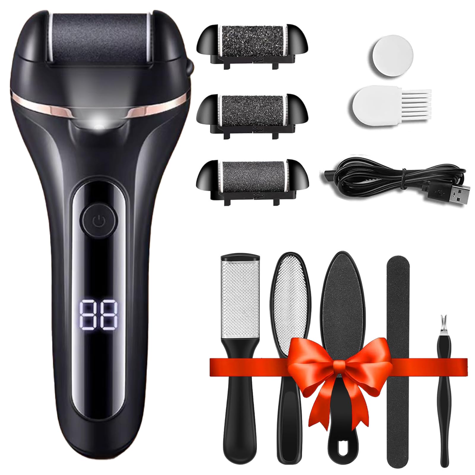 Electric Foot File, Professional Feet Hard Skin Remover, Rechargeable Foot Callus Remover Pedicure Kit with 3 Roller Heads for Dead Skin Dry Skin (Black)