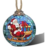 AMDERVEN Stained Glass Christmas Decorations, Santa Claus Gift Car Suncatcher for Window Christmas Tree Hanging Ornaments Blue Sun Catcher Xmas Decor Gifts for Women Men Mom Nana Friend