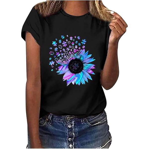 Womens Floral Print T-Shirt Short Sleeve Crew Neck Summer