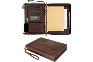 GZRHKJ A5 Genuine Leather Portfolio Notebook Binder, 6 Ring Binder Notebook Portfolio, Refillable Notebook A5 Planner Binder with Binder Pockets (Standard,Dark Khaki)