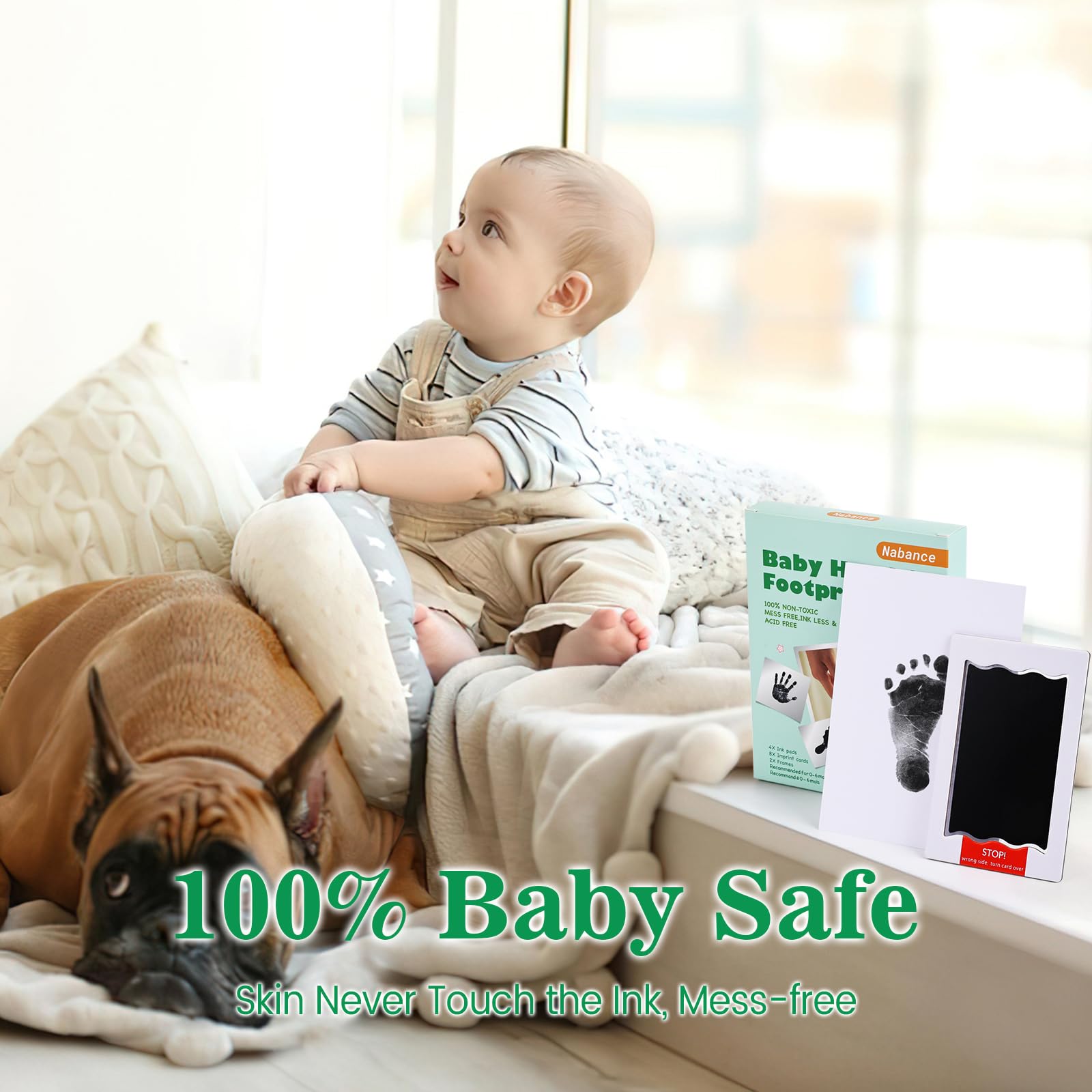 Nabance Baby Hand and Footprint Kit, Newborn Inkless Hand and Footprint kit, 4 Inkless Print Pads with 2 Photo Frames, 8 Imprint Cards, Safe No Mess Clean Touch Ink Pads for Babies 0-6 Months