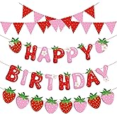 5 Packs Strawberry Happy Birthday Banner Strawberry Themed Paper Garland Red Pink Pennant Flags Bunting Banners Berry Sweet Birthday Party Decorations for Girls Birthdays Party Decor