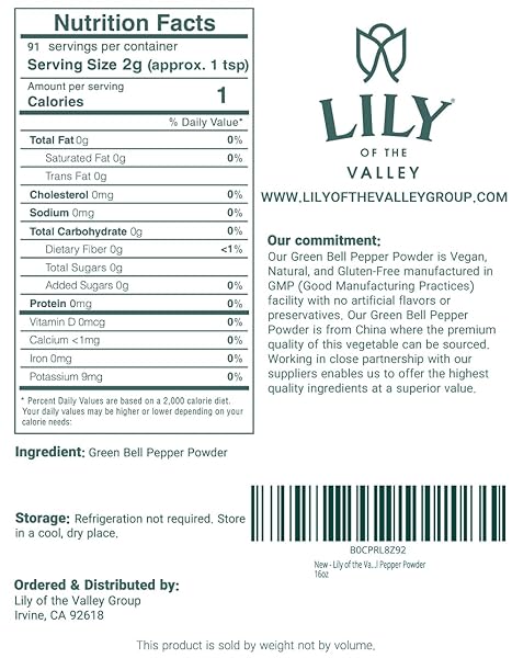 LILY OF THE VALLEY GREEN BELL PEPPER POWDER – GROUND PEPPER FOR COOKING – IDEAL FLAVOR & AROMA FOR SEASONING – NATURAL, VEGAN & GLUTEN-FREE – PACKED IN RESEALABLE POUCH (16OZ, 453G)- PACKAGE MAY VARY