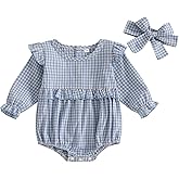Karuedoo Newborn Baby Girl Clothes Gingham Plaid Bubble Romper Long Sleeve Ruffle Bodysuit with Headband Spring Fall Outfit