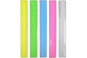 DIAO79NI 5 Pieces Assorted Colors Plastic Ruler, 12 inch (30cm) Ruler, Pack of 5, Plastic Ruler, Rulers for Kids, Measuring Tools, Ruler Set, Ruler inches and Centimeters (5 Assorted Colors)