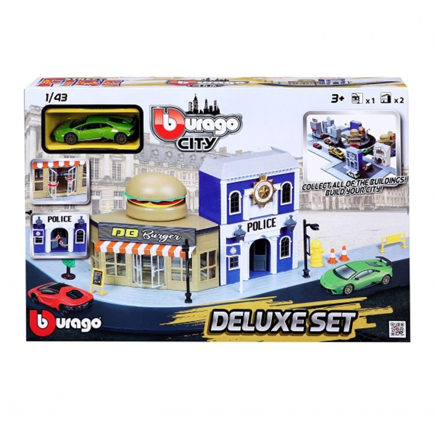Bburago STREET FIRE CITY DELUXE Playest with 2 Die-Cast Cars - 1:43 Scale