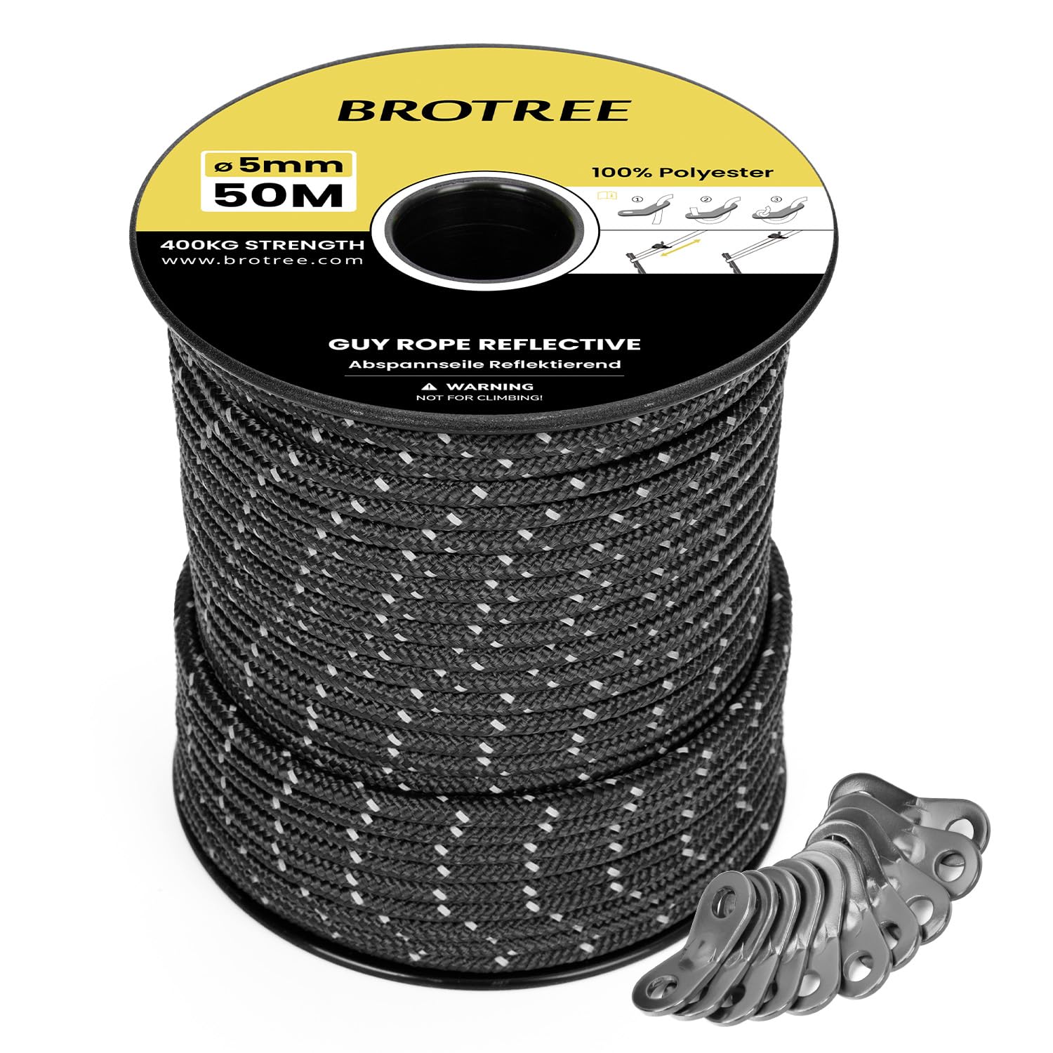 BROTREE Tent Guy Rope 5mm 50m Reflective Guy Line Heavy Duty Guide Rope with 10Pcs Aluminum Tensioners for Tent Gazebo Awning Camping (Black)