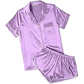 Ekouaer Womens Silk Satin Pajamas Short Sleeve PJS Shorts Set Soft Button Down Sleepwear 2 Piece Loungewear S-5XL
