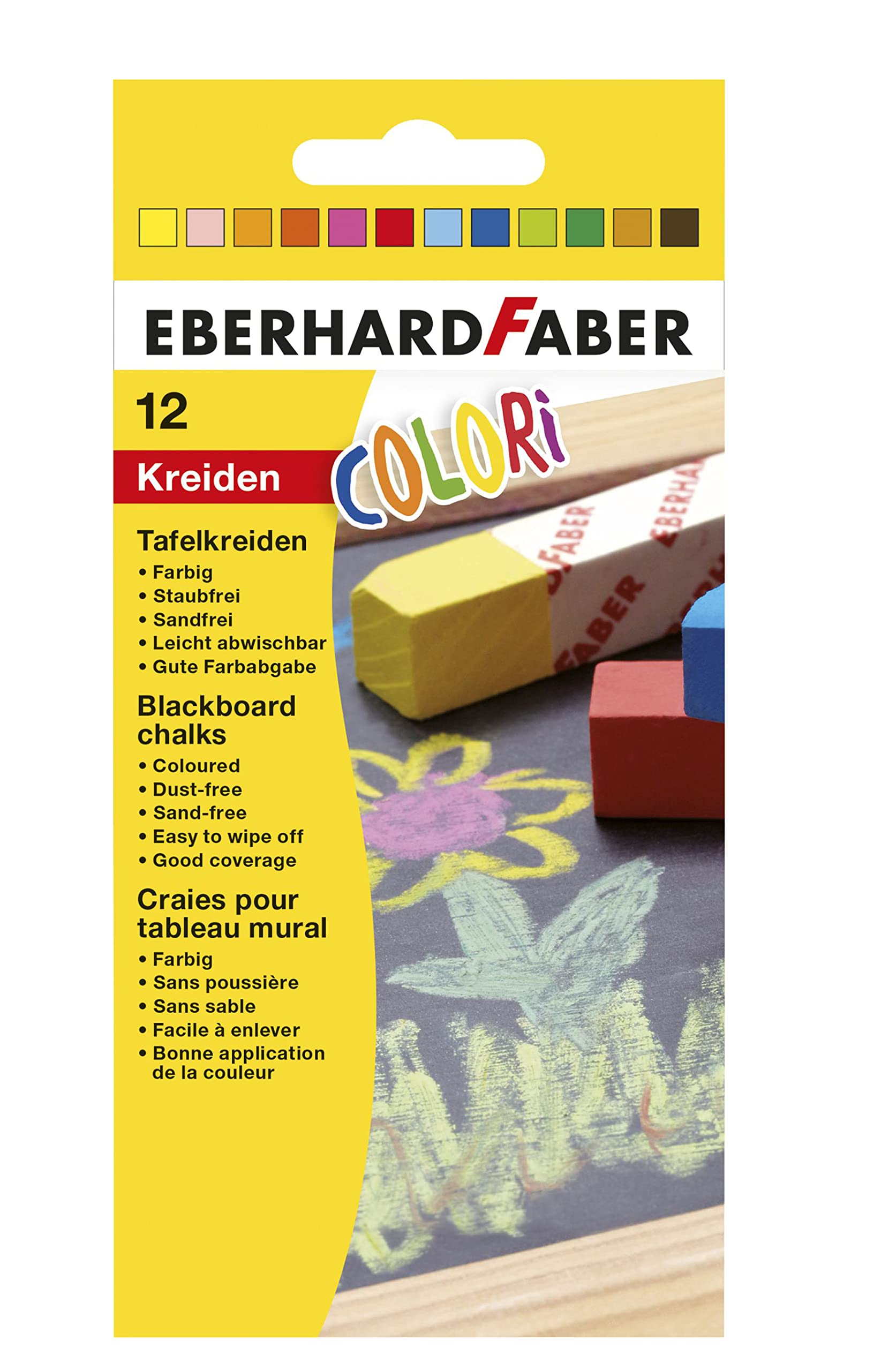 Eberhard Faber Colori 526000 Wall Blackboard Chalks in 12 Colours, in Cardboard Case, Easy to Wipe, Dust-Free, for School and Leisure