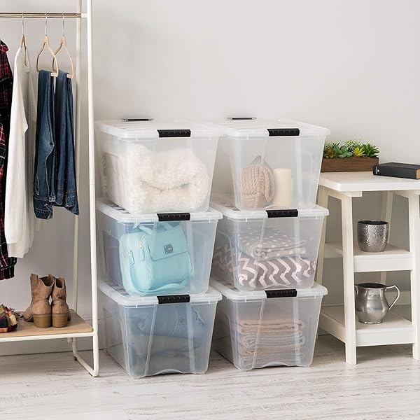 IRIS USA 54 QT STACKABLE PLASTIC STORAGE BINS WITH LIDS, 6 PACK – BPA-FREE, MADE IN USA – SEE-THROUGH ORGANIZING SOLUTION, LATCHES, DURABLE NESTABLE CONTAINERS, SECURE PULL HANDLE – CLEAR