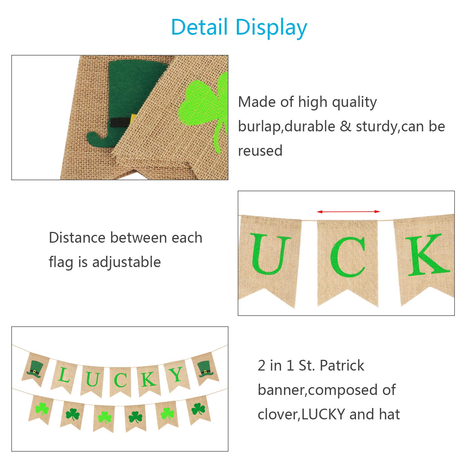 ZERHOK St. Patrick\'s Lucky Banner with Clover Garland Rustic Burlap Irish Shamrock Bunting Swallowtail Flag for St Patrick\'s Day Decoration