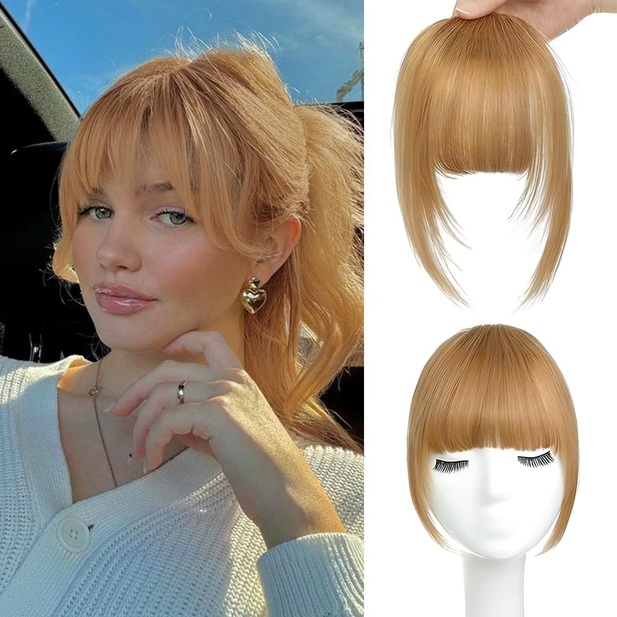 Photo 1 of MOCA HAIR Clip in Bangs 100% Real Human Hair Extensions French Blonde27 Fake Bangs Hair Clip on bangs for women Fringe with Temples Hairpieces Faux Bangs for Daily Wear