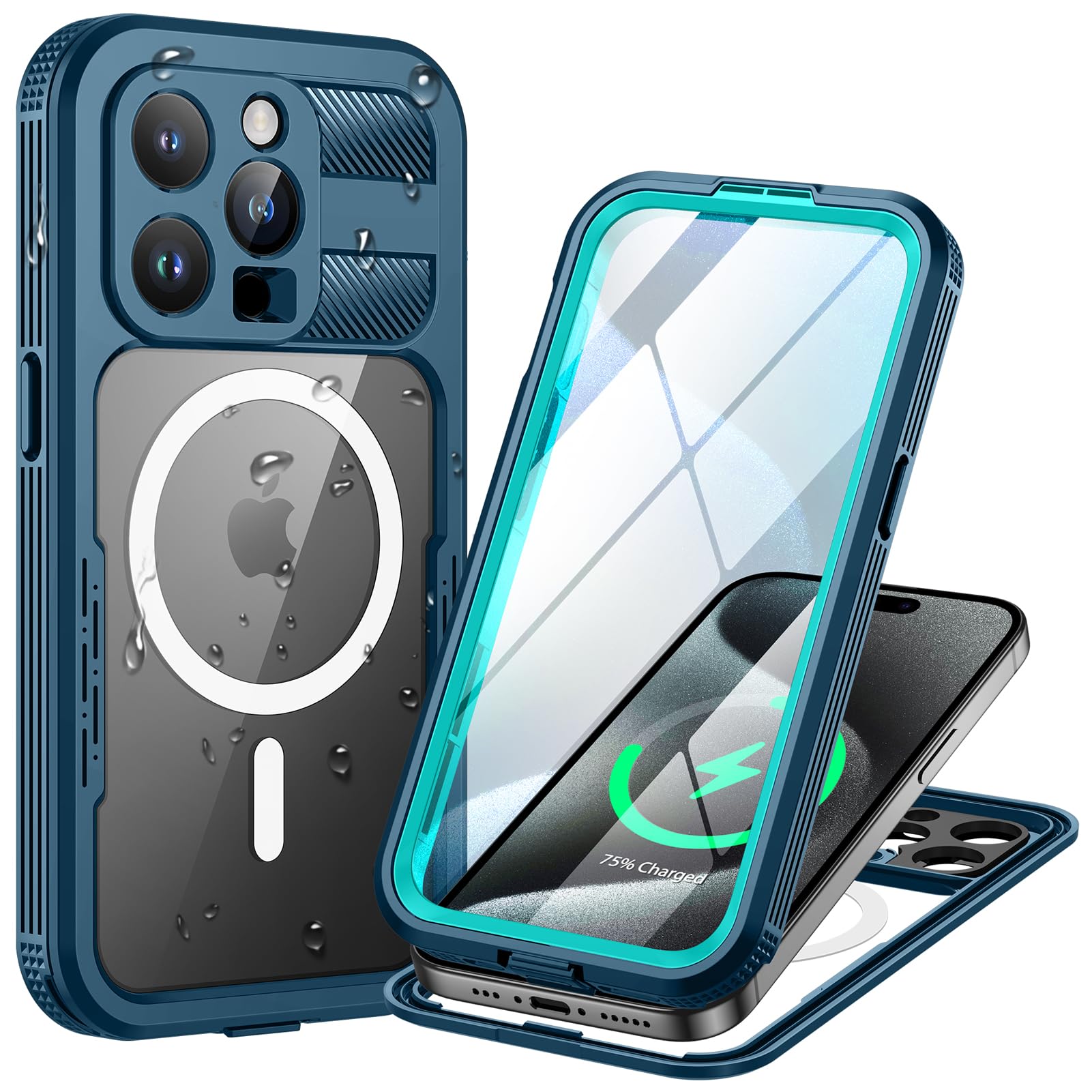 Lanhiem for iPhone 15 Pro Max Waterproof Case, [Compatible with MagSafe] Heavy Duty Shockproof Dustproof Cover with Screen Protector, Front and Back Magnetic Case for 15 Pro Max - 6.7 inch (Blue) — image 1