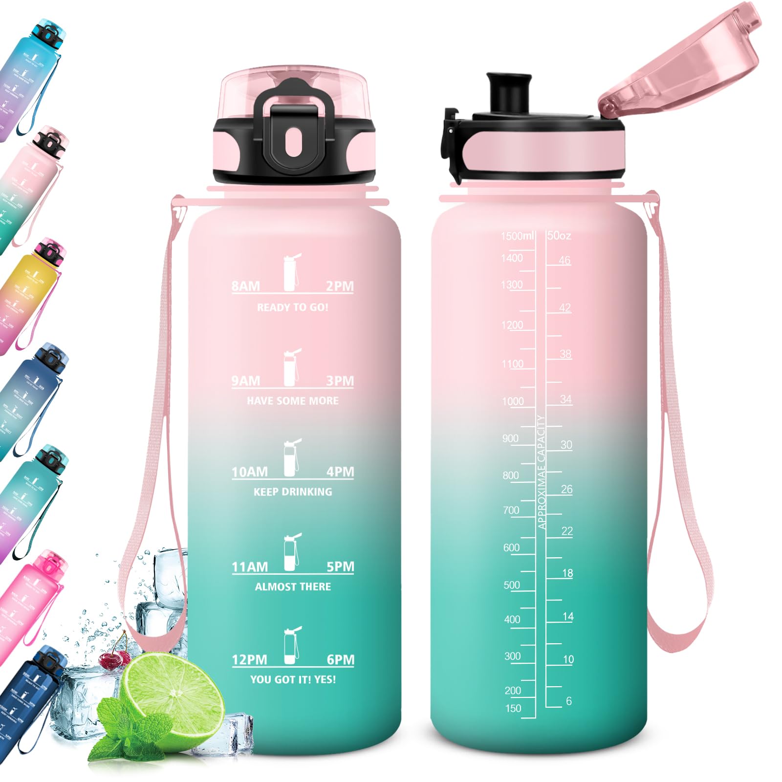 KollyKolla 1.5L Gym Water Bottle, 1 Click Open, Leak-proof, BPA Free, 1500ml, Plastic, Perfect for Gym, Work, Biking, Hiking, Cycling