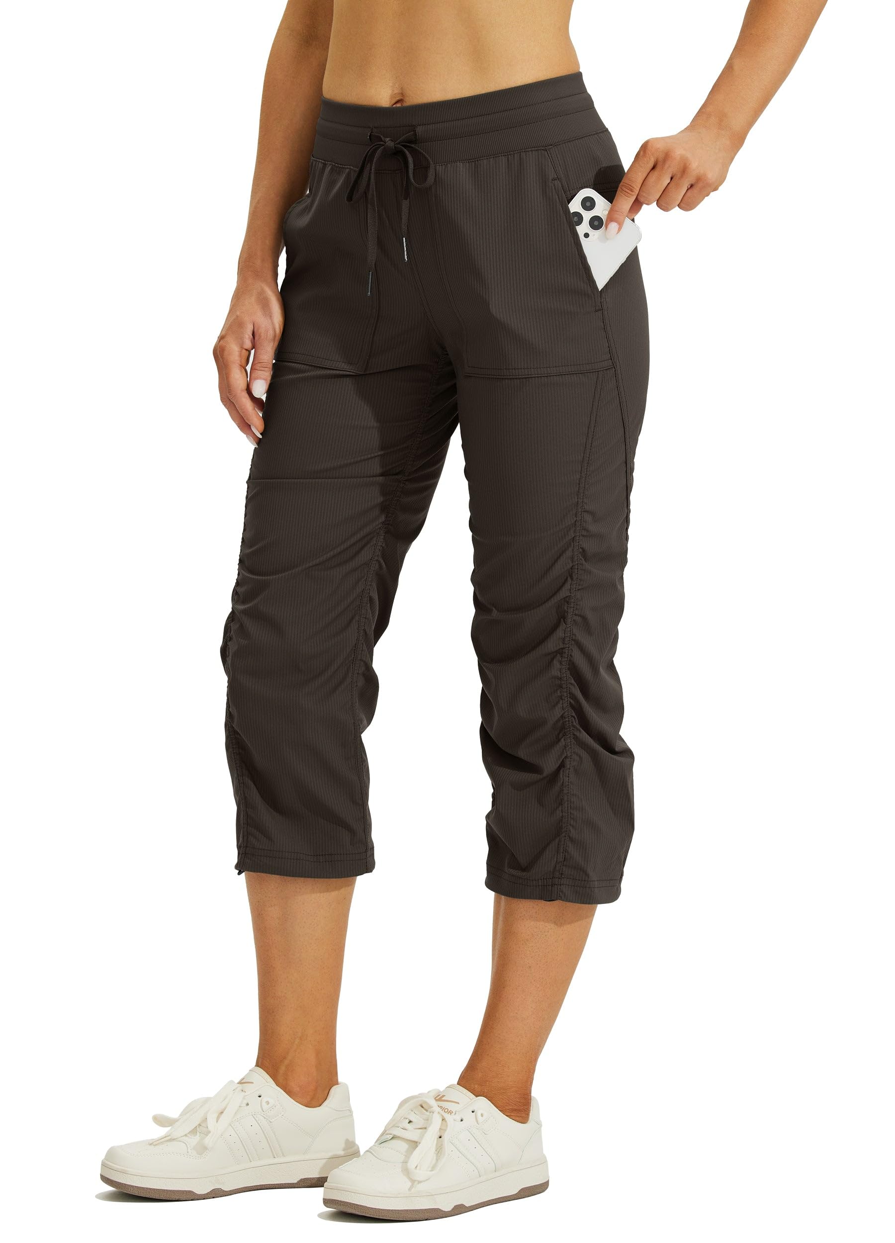 Photo 1 of Willit Women's Quick-Dry Capris Travel Pants Lightweight Striped Woven Hiking Workout Casual Pants with Pockets Coffee M