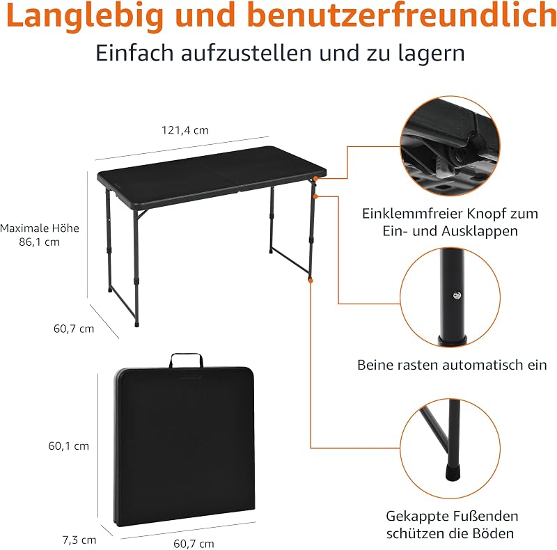 Klapptisch, Höhenverstellbar, 4 Höhen, Tragegriff, Rechteckig, für Camping, Picknick, Drinnen und Draußen, Schwarz, 121,4cm x 60,7cm x 86,1cm — Foto 2 von 6